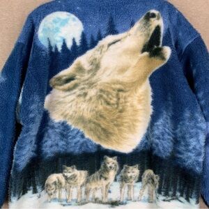 Vintage Cabin Fever Fleece Sz XL Men’s Zip Up Jacket Wolf Print Moon Outdoors